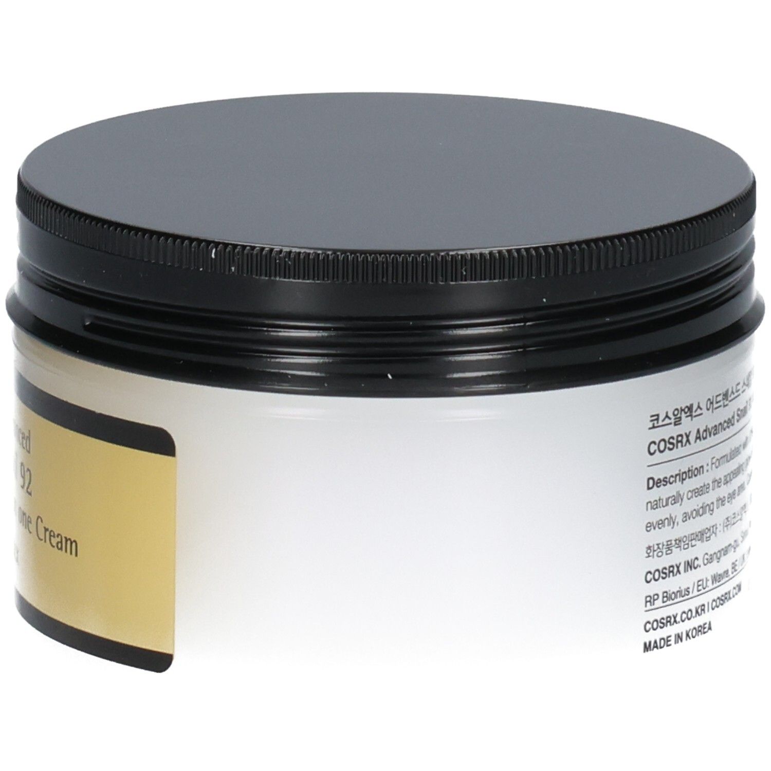 Vue latérale du pot Cosrx Advanced Snail 92 All in one Cream avec couvercle noir et corps blanc.