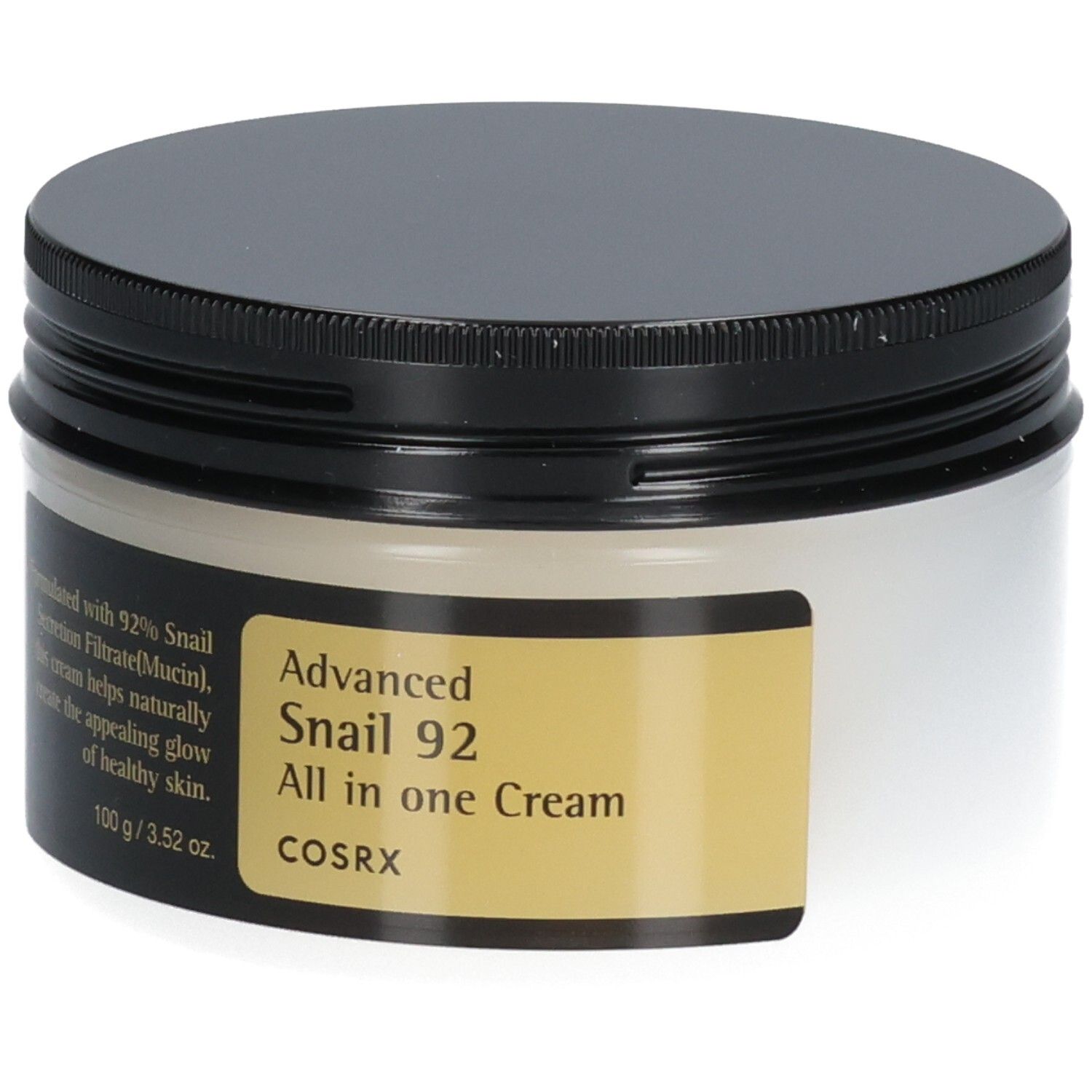 Pot Cosrx Advanced Snail 92 All in one Cream de face, avec étiquette indiquant 92% de filtration de sécrétion d'escargot.