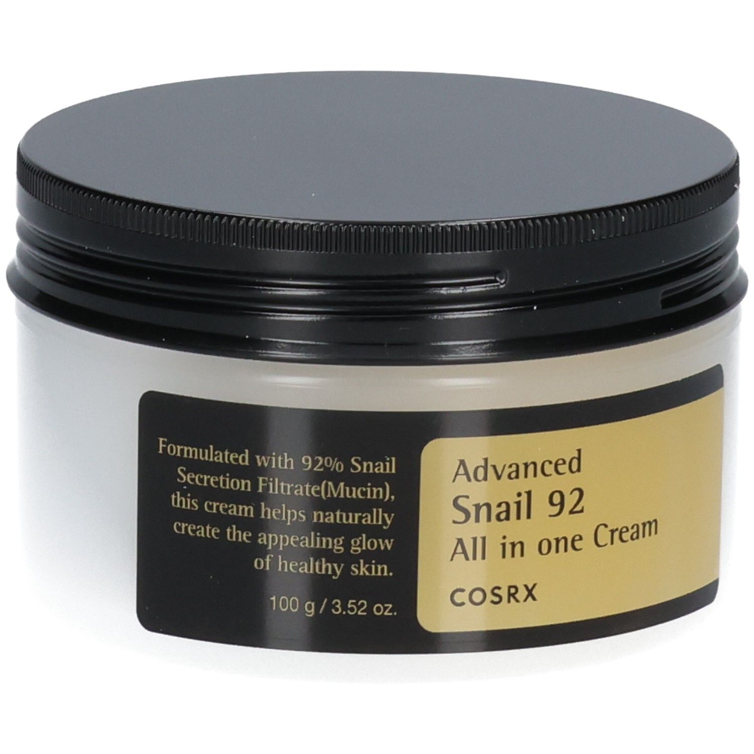 Pot Cosrx Advanced Snail 92 All in one Cream avec couvercle noir et corps blanc, légèrement en angle.
