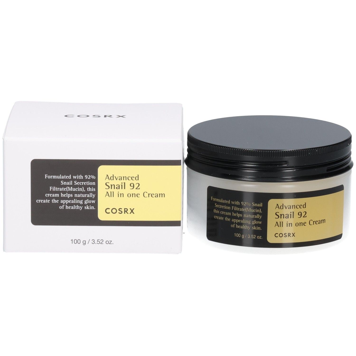 Pot Cosrx Advanced Snail 92 All in one Cream à côté de sa boîte d'emballage blanche.