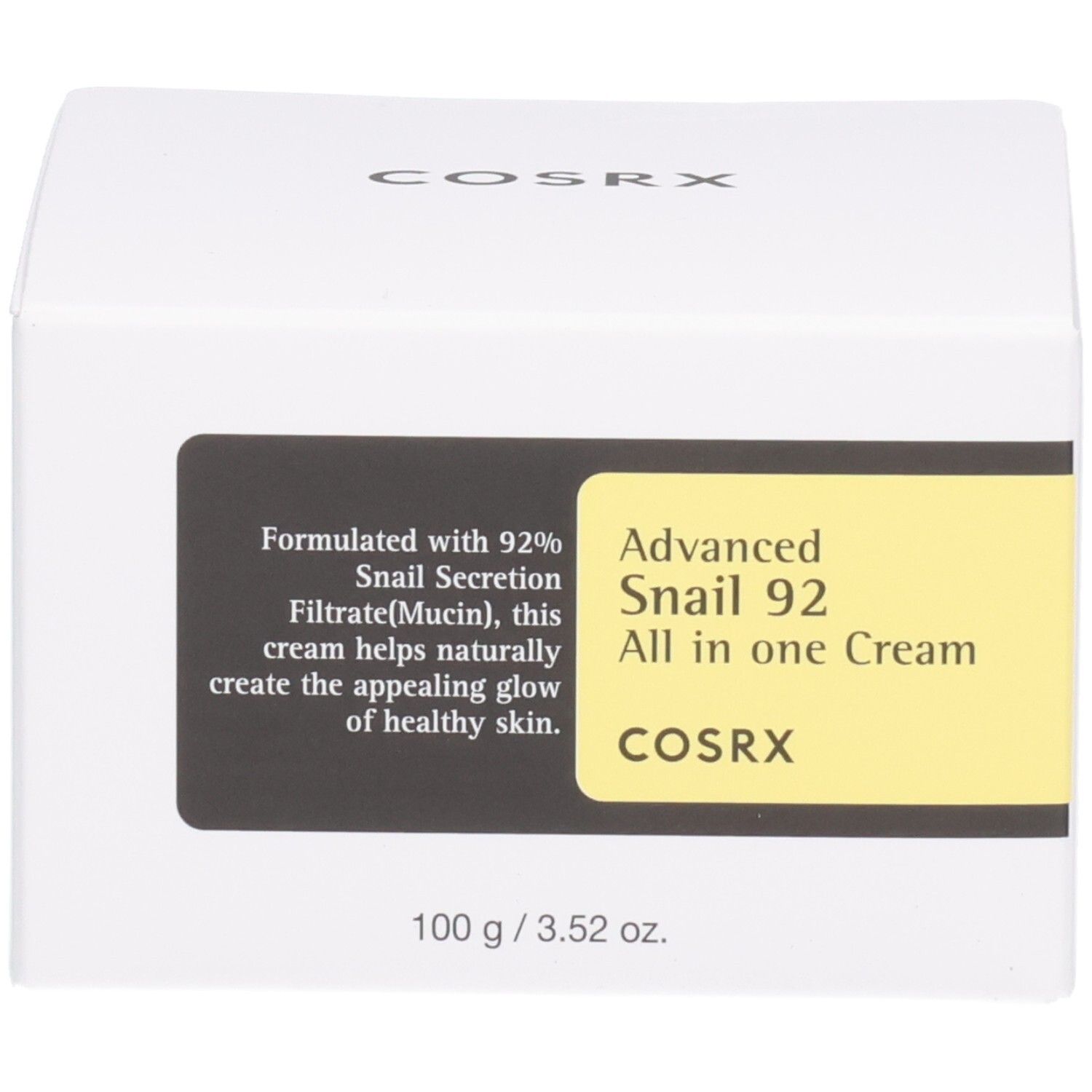 Boîte d'emballage blanche pour Cosrx Advanced Snail 92 All in one Cream avec logo noir et étiquette.