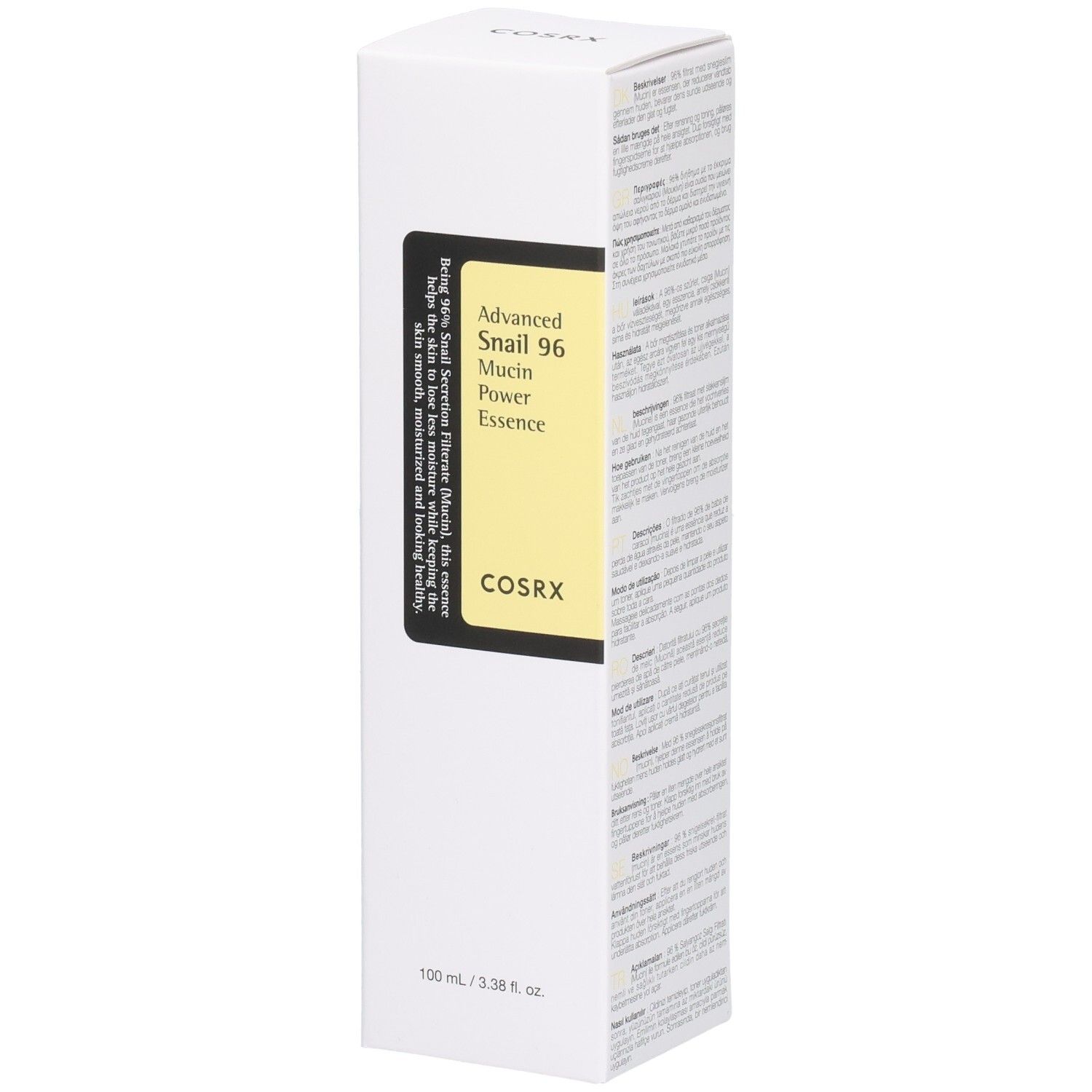 Emballage COSRX Advanced Snail 96 Mucin Power Essence, face avant avec étiquette jaune.