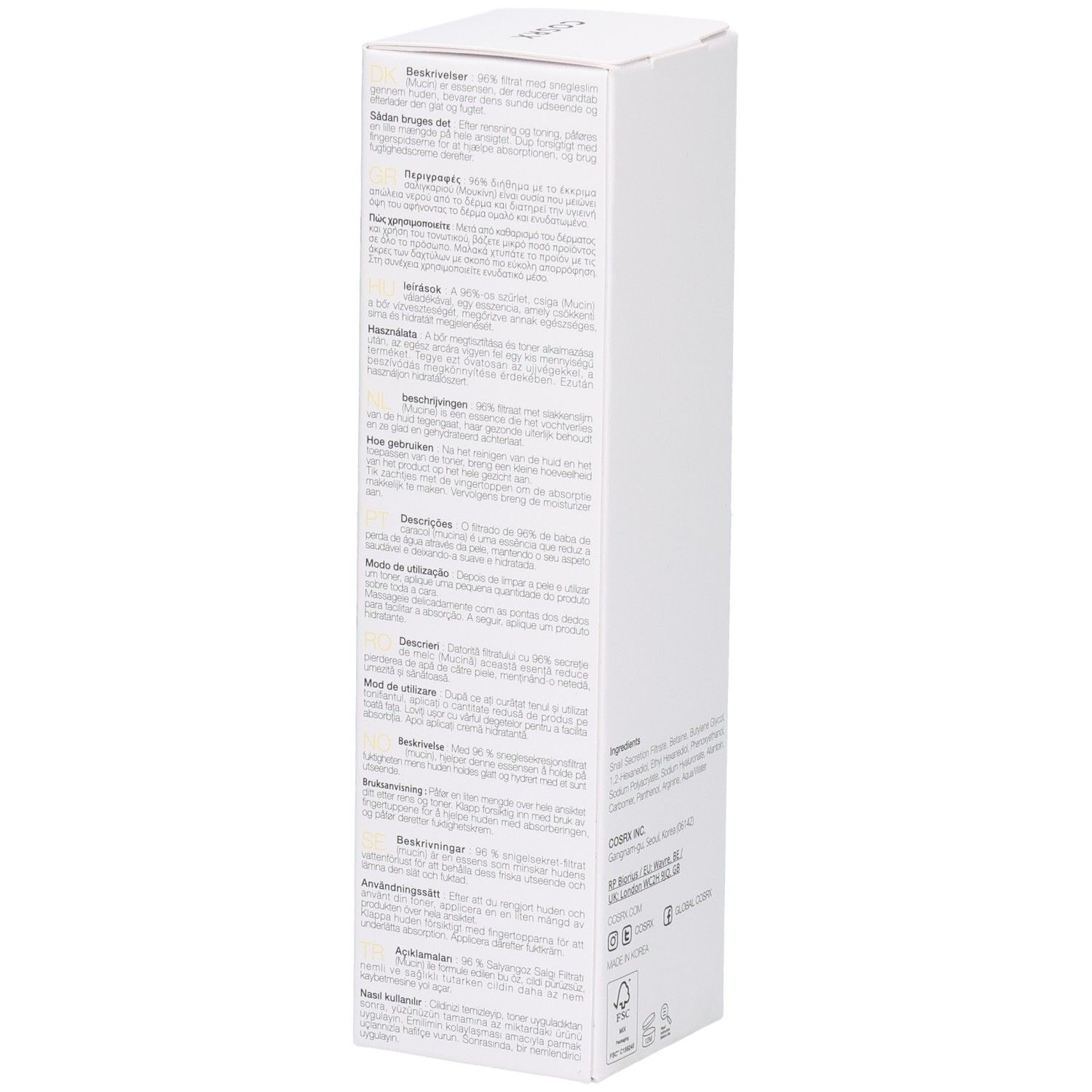 Emballage COSRX Advanced Snail 96 Mucin Power Essence, côté avec descriptions produit en plusieurs langues.