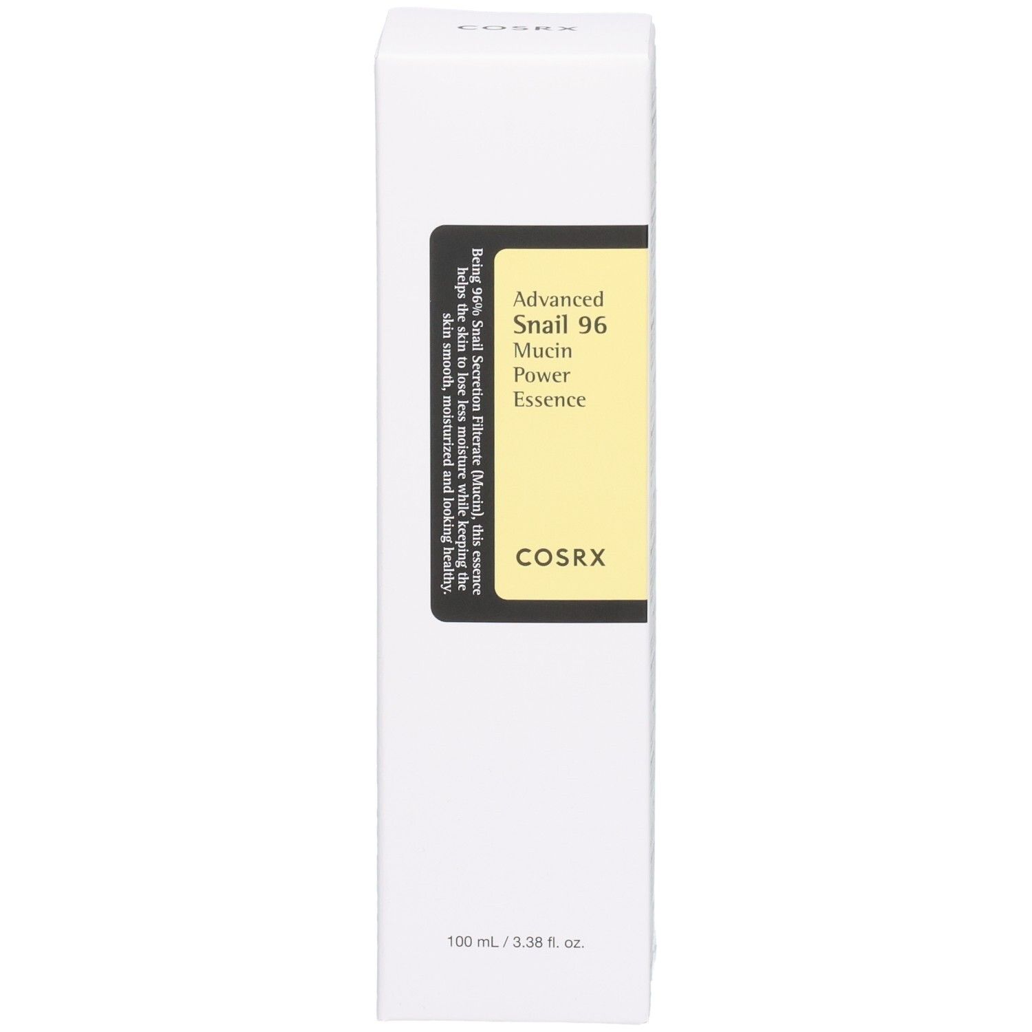Emballage COSRX Advanced Snail 96 Mucin Power Essence, face avant avec étiquette jaune et nom du produit.