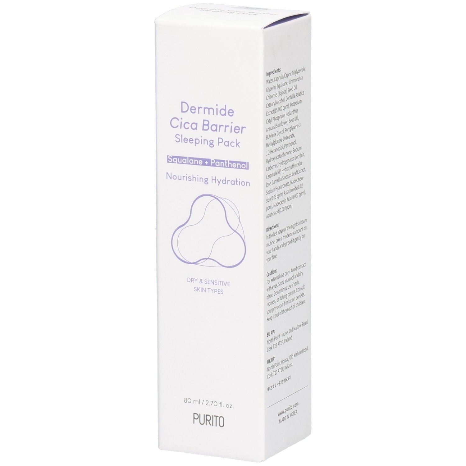 Emballage blanc pour produit. Texte : Dermide Cica Barrier Sleeping Pack, Squalane + Panthenol, Nourishing Hydration, Dry & Sensitive Skin Types. Logo Purito.
