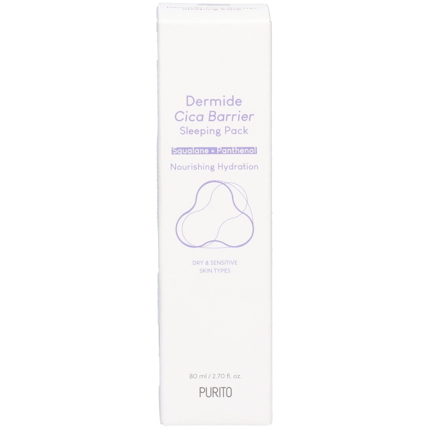 Emballage blanc pour produit. Texte : Dermide Cica Barrier Sleeping Pack, Squalane + Panthenol, Nourishing Hydration, Dry & Sensitive Skin Types. Logo Purito.