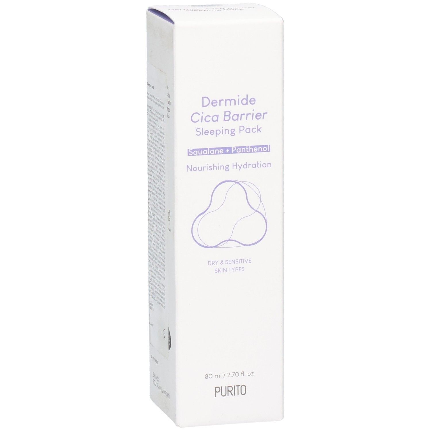 Emballage blanc pour produit. Texte : Dermide Cica Barrier Sleeping Pack, Squalane + Panthenol, Nourishing Hydration, Dry & Sensitive Skin Types. Logo Purito.