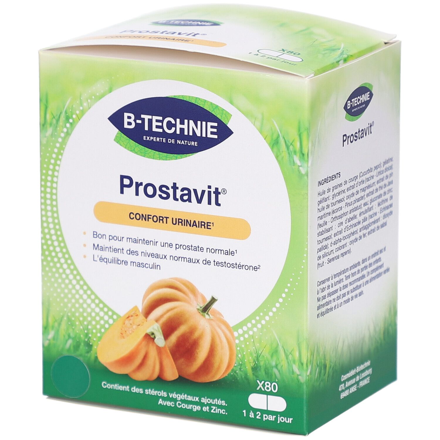 Boîte B-TECHNIE Prostavit. Contient 80 gélules. Illustration de citrouille. Texte: Confort urinaire. Ingrédients et informations.