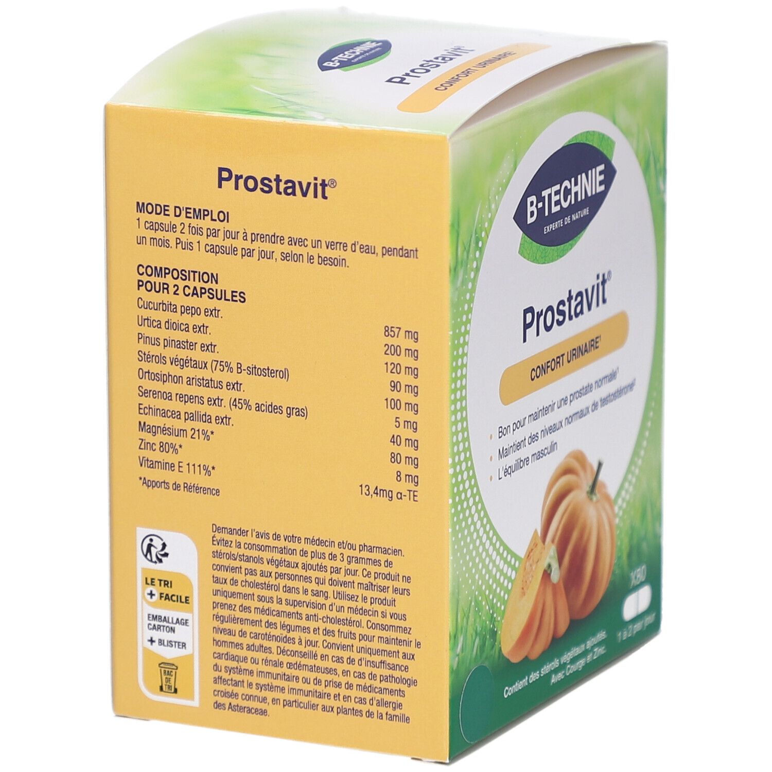 Boîte B-TECHNIE Prostavit, dos. Ingrédients et mode d'emploi. Texte: Confort urinaire. Contient 80 gélules.