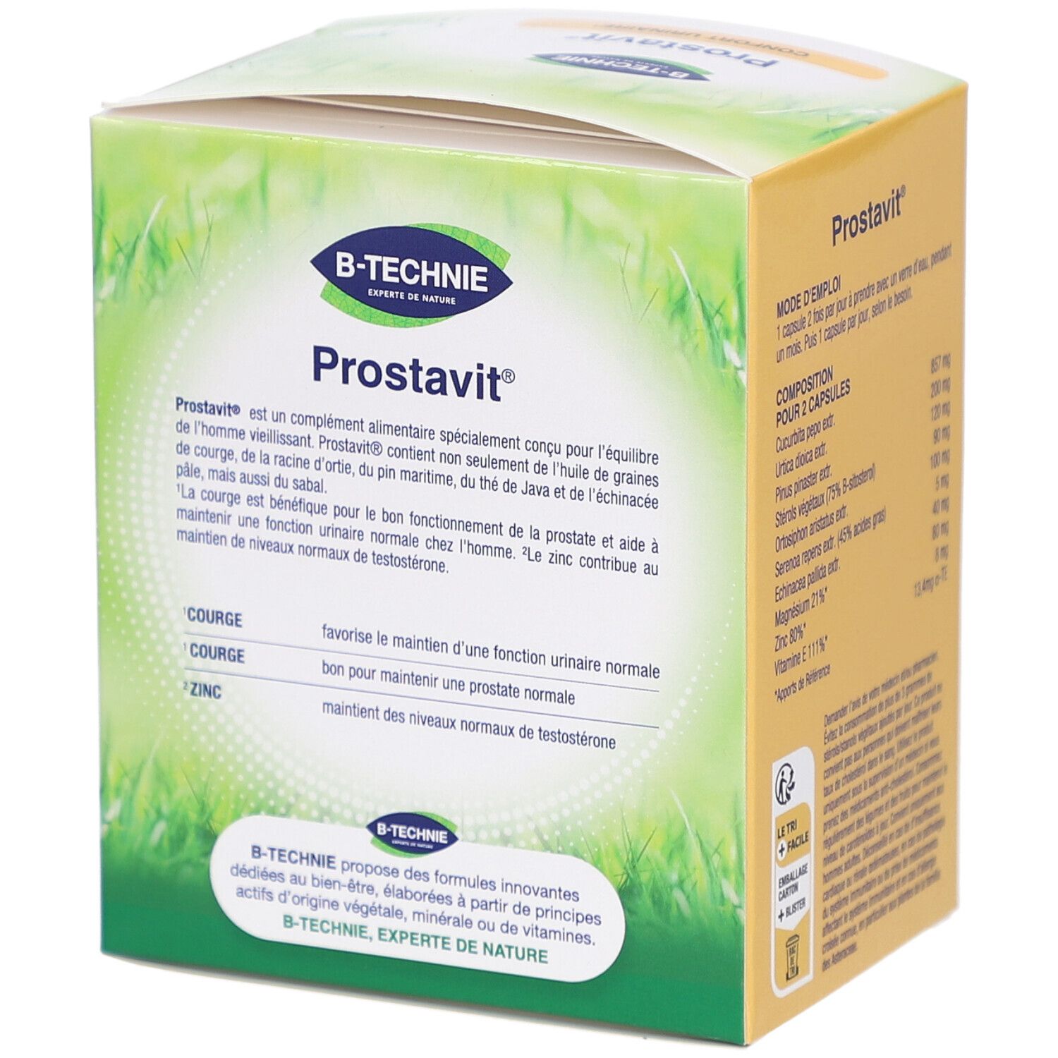 Boîte B-TECHNIE Prostavit. Texte: Confort urinaire. Ingrédients et mode d'emploi. Design vert et blanc.