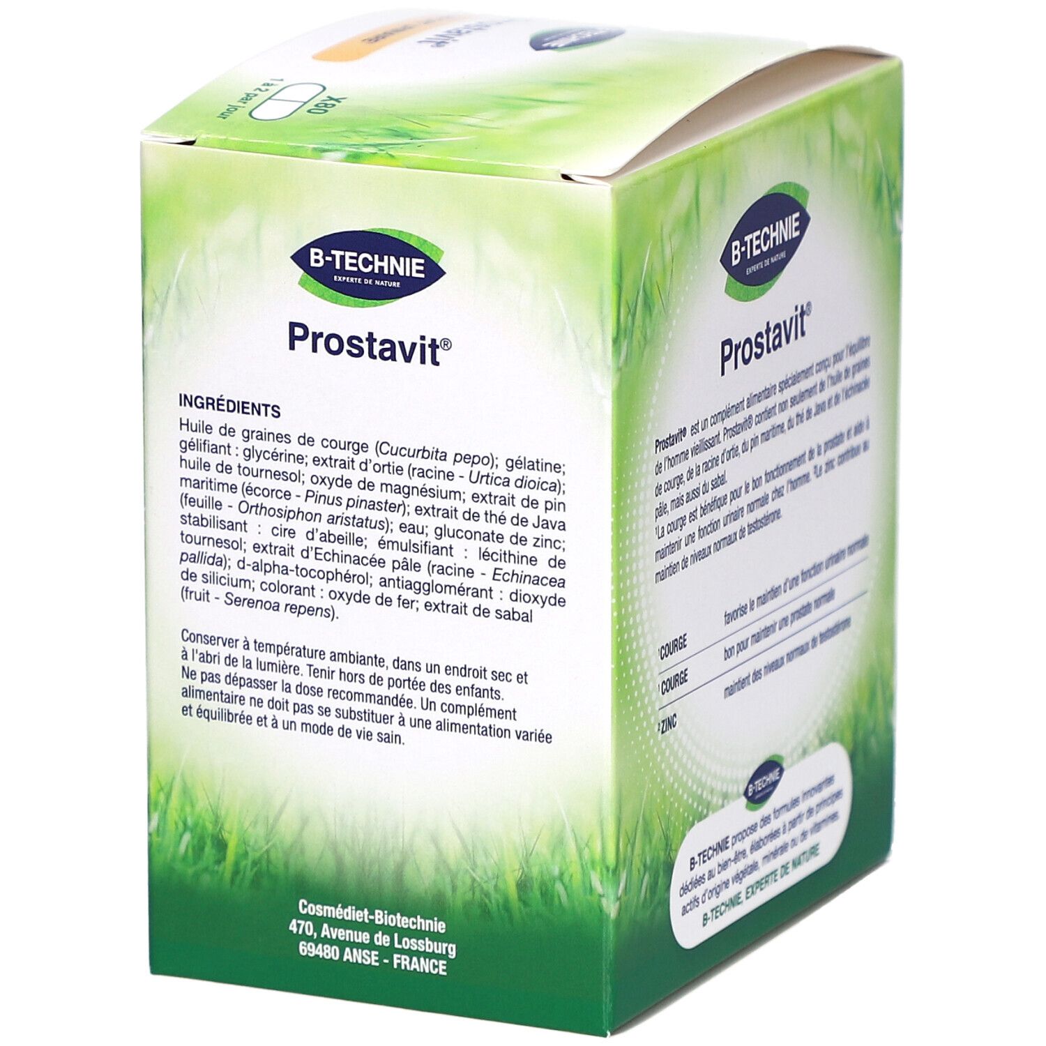 Boîte B-TECHNIE Prostavit. Ingrédients et informations fabricant. Texte: Confort urinaire. Design vert et blanc.