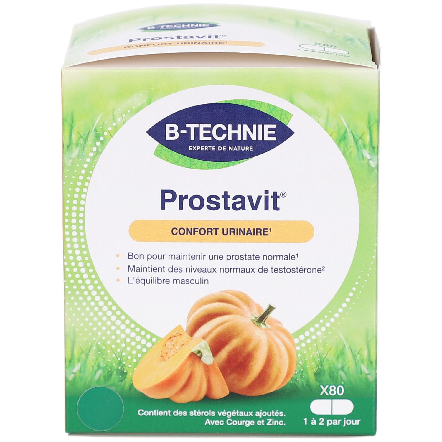 Boîte B-TECHNIE Prostavit. Contient 80 gélules. Illustration de citrouille. Texte: Confort urinaire.