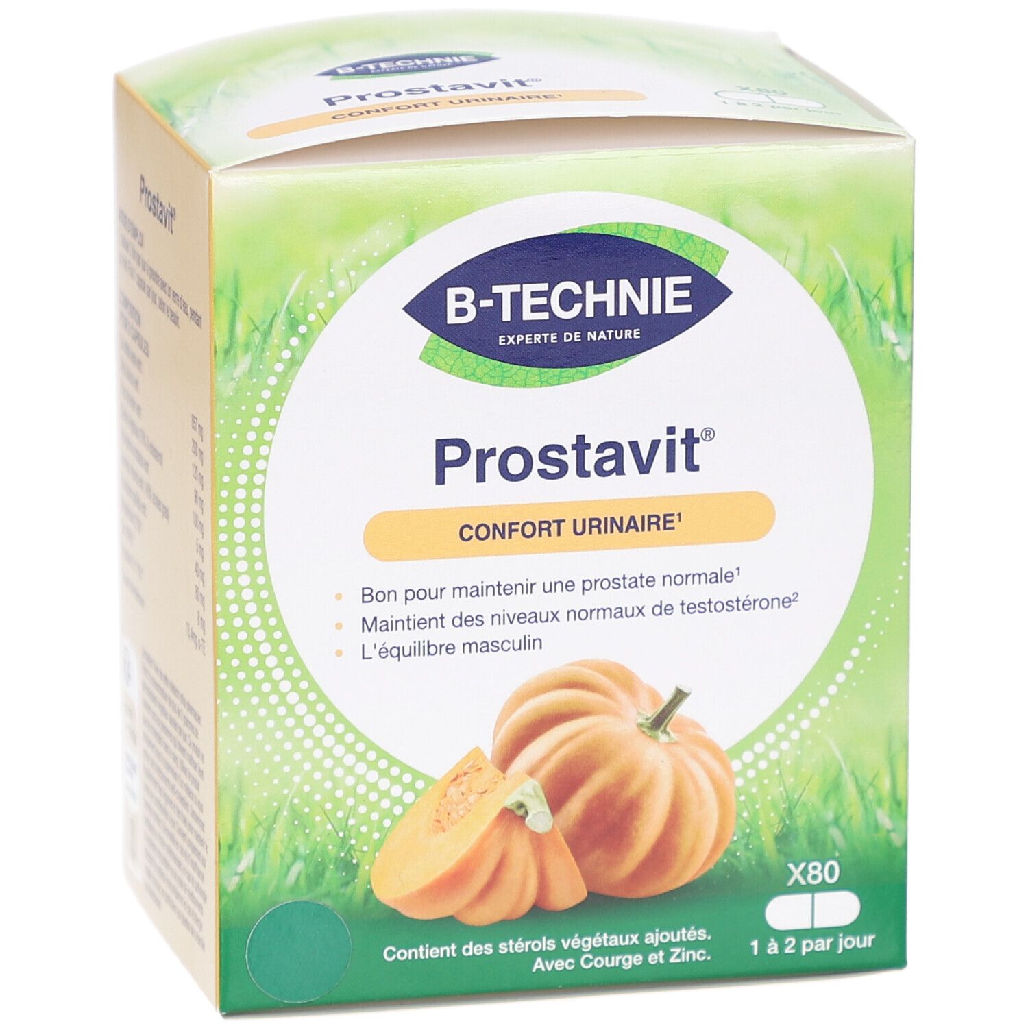 Boîte B-TECHNIE Prostavit. Contient 80 gélules. Illustration de citrouille. Texte: Confort urinaire.