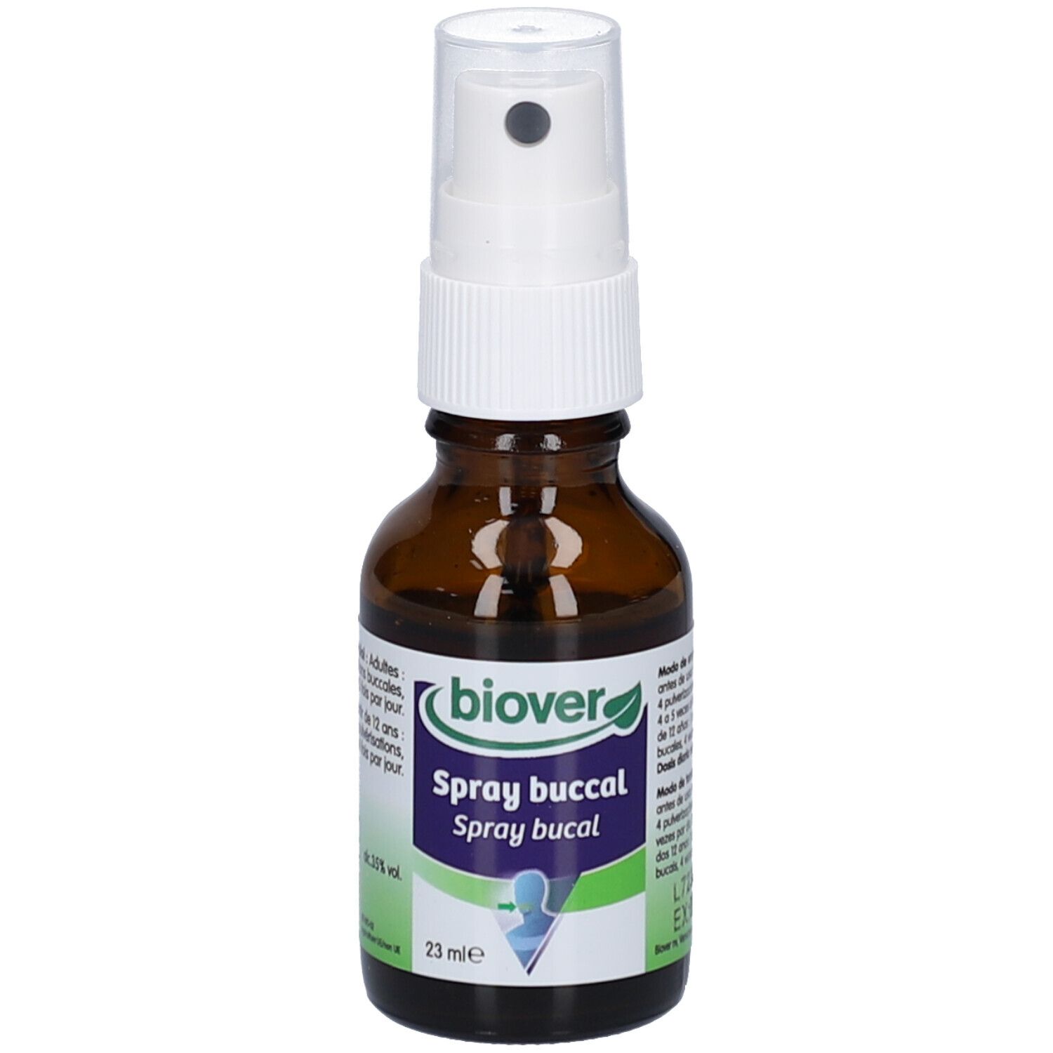 Flacon en verre brun avec vaporisateur blanc. L'étiquette indique "biover Spray buccal".