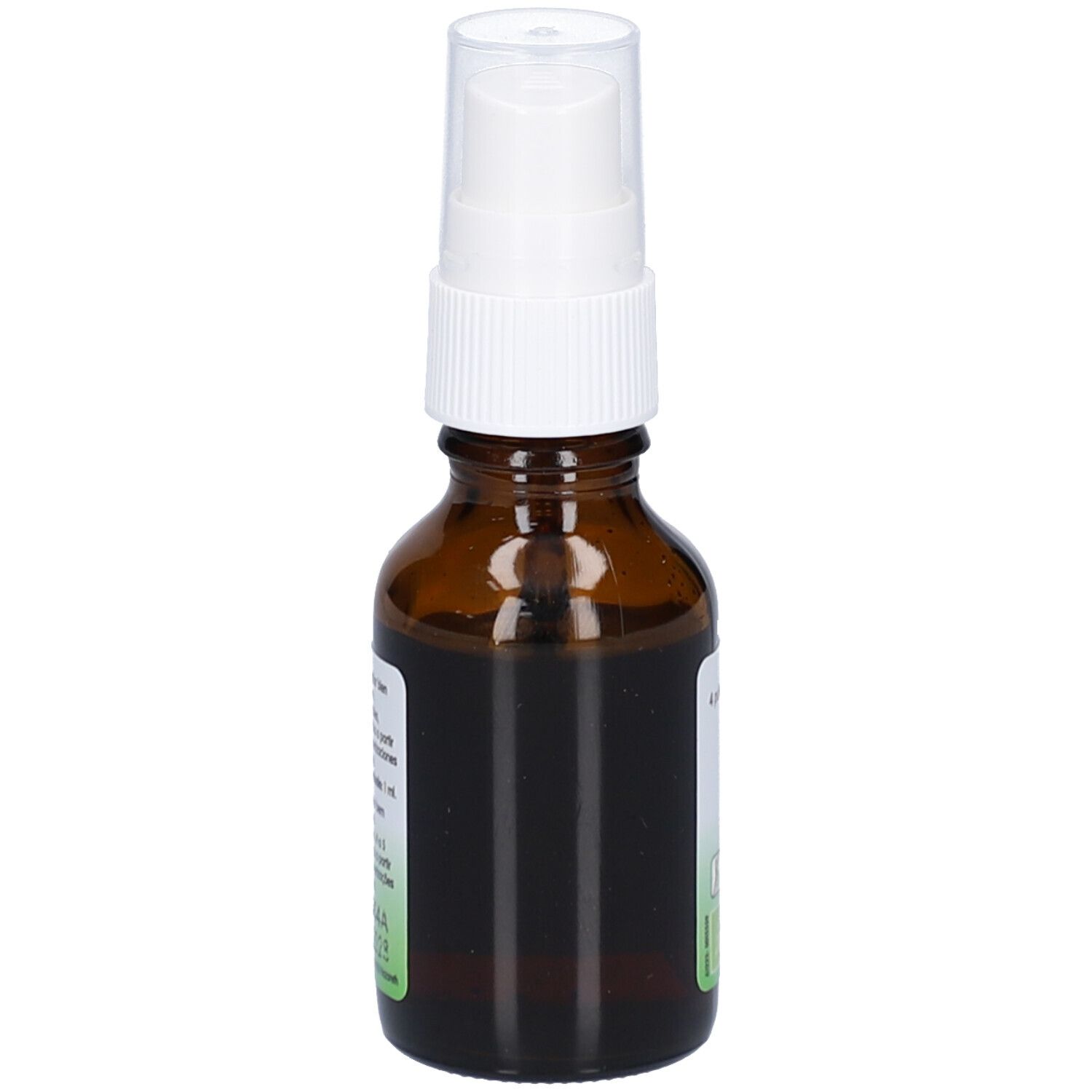 Flacon en verre brun avec vaporisateur blanc. Vue latérale avec étiquette.