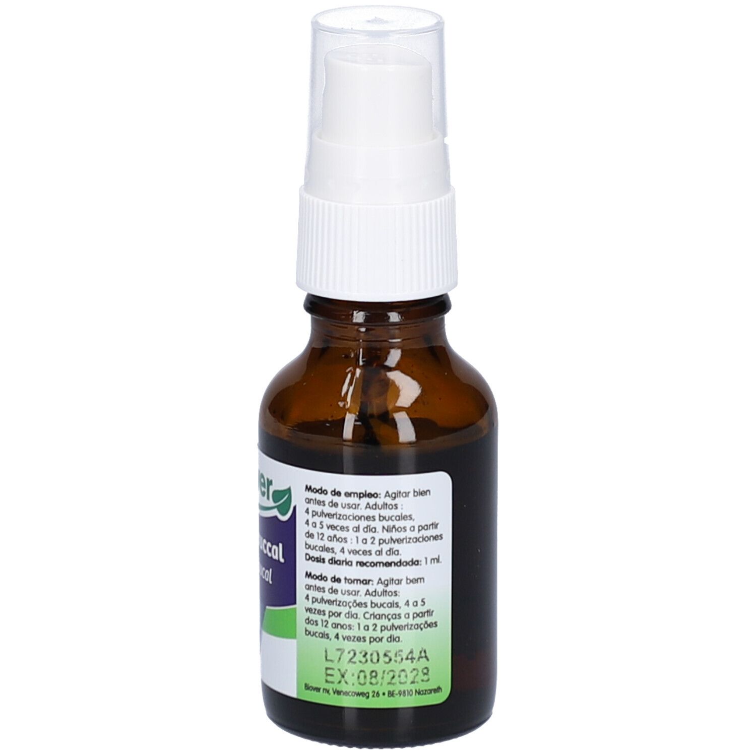 Flacon en verre brun avec vaporisateur blanc. Étiquette avec instructions d'utilisation et date de péremption.