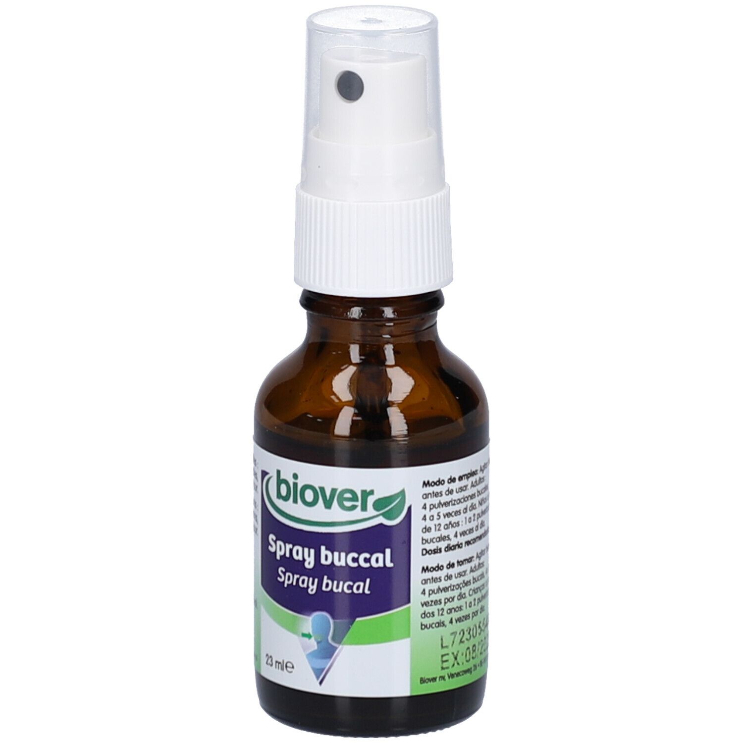 Flacon en verre brun avec vaporisateur blanc. Étiquette avec le nom du produit "Spray buccal".