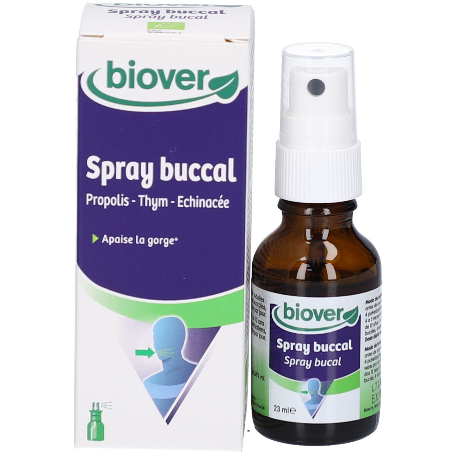 Flacon et emballage du produit. L'emballage indique "Spray buccal" et "Propolis - Thym - Echinacée".