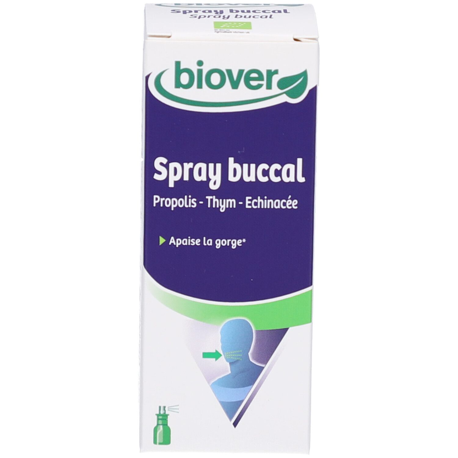 Emballage avec le nom du produit "Spray buccal" et ingrédients. Logo et texte.