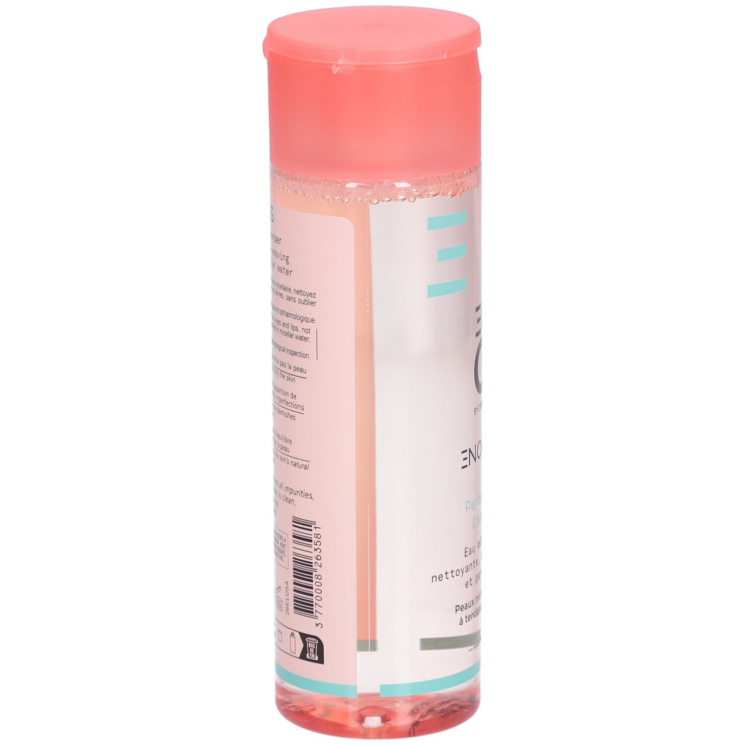 Flacon cylindrique rose. Inscription: ENOLISS, Perfect Skin Cleanser. Vue latérale avec texte.