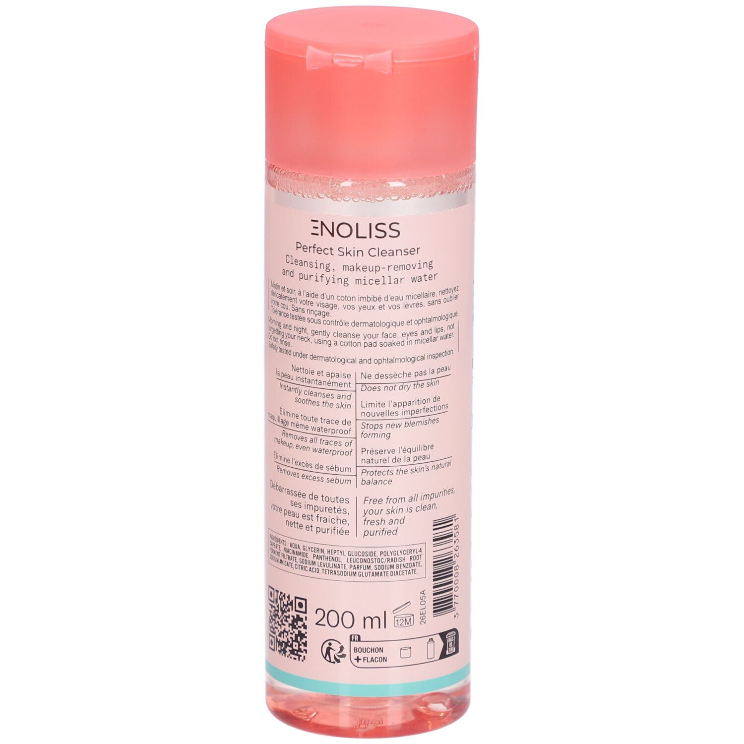 Flacon cylindrique rose. Inscription: ENOLISS, Perfect Skin Cleanser. Dos avec texte et QR code.