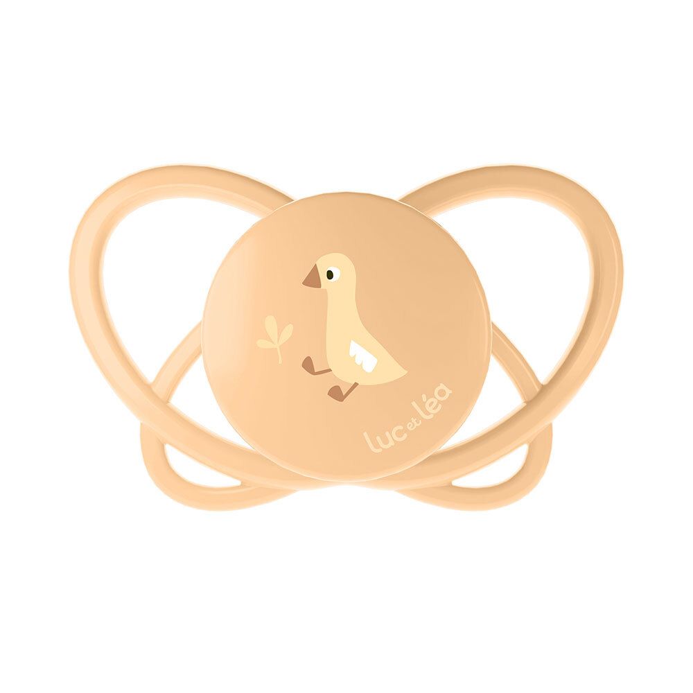 Sucette jaune Luc et Léa. Forme physiologique. Motif canard.