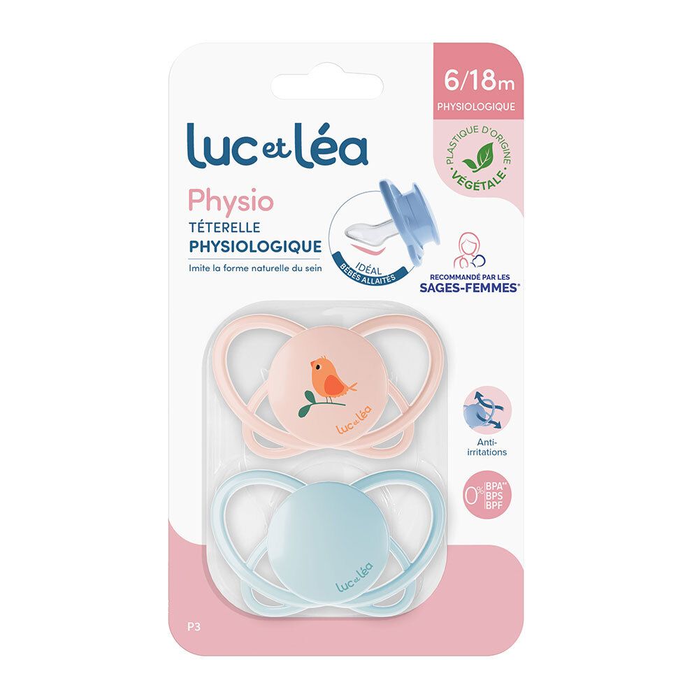 Deux sucettes Luc et Léa, modèle Oiseau, dans un emballage. Rose et bleu. Âge : 6/18m. Forme physiologique.