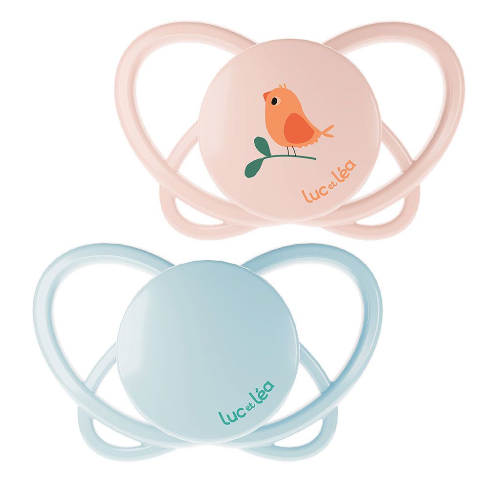 Deux sucettes Luc et Léa, modèle Oiseau. Rose et bleu. Forme physiologique.