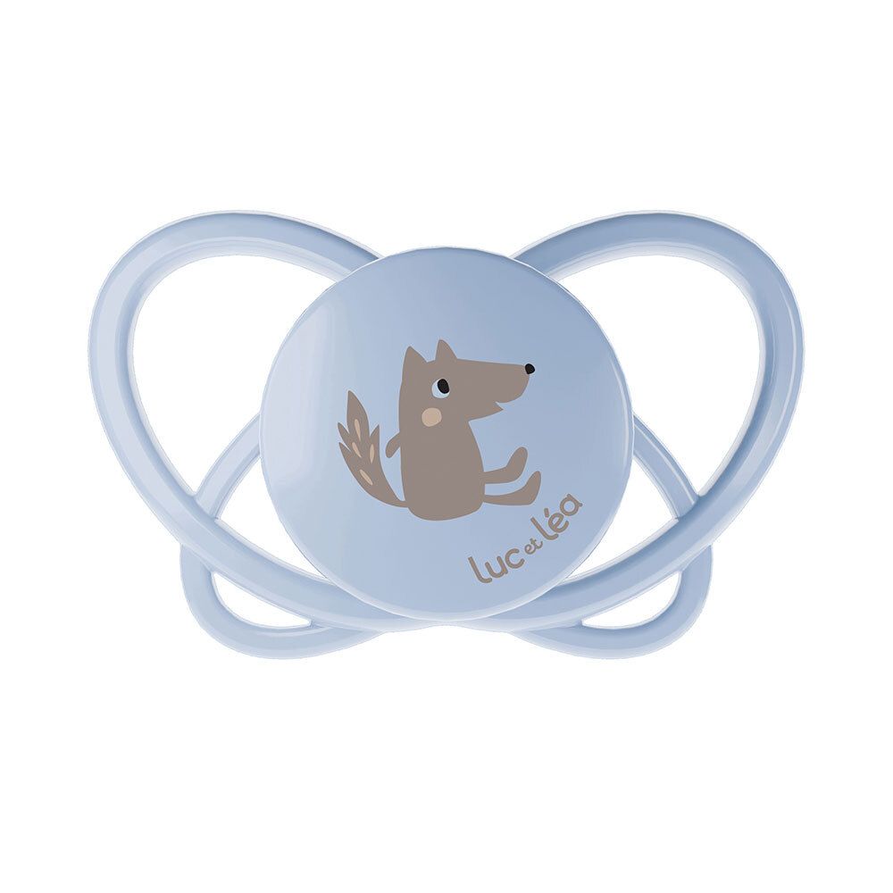 Sucette bleue avec un loup. Marque : Luc et Léa. Forme physiologique.