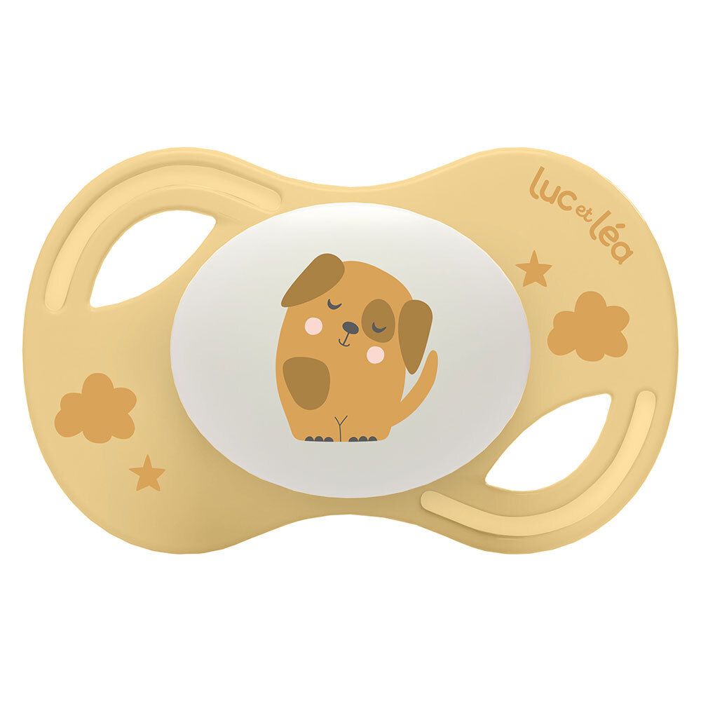 Sucette jaune Luc et Léa, anatomique, motif chien. Extra-fine.