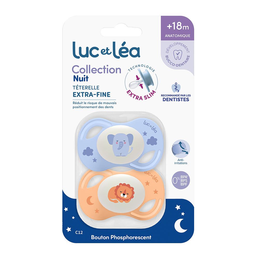 Deux sucettes Luc et Léa dans un emballage. Bleue et orange, motifs animaux. Extra-fines, anatomiques, +18 mois. Recommandé par les dentistes.