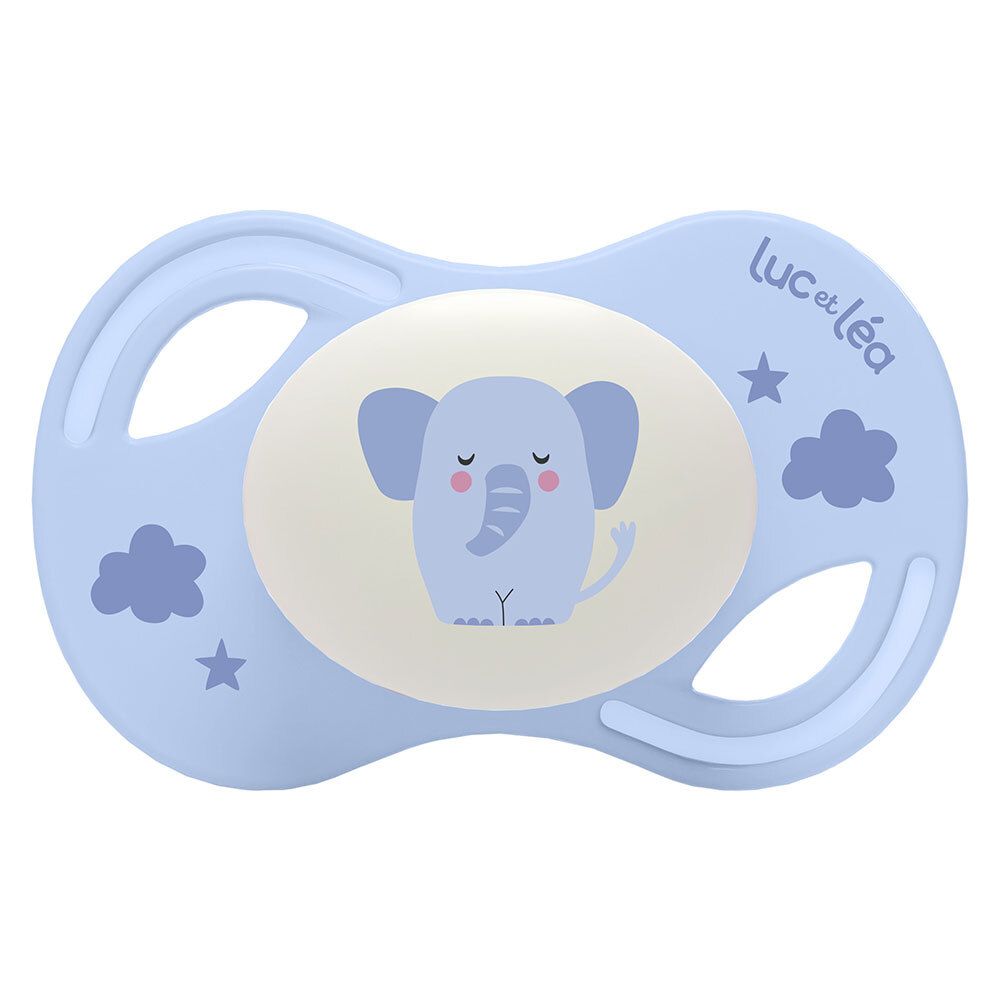 Sucette bleue Luc et Léa avec éléphant. Anatomique, extra-fine. Étoiles et nuages.