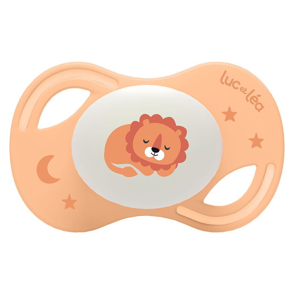 Sucette orange Luc et Léa avec lion. Anatomique, extra-fine. Étoiles et lune.