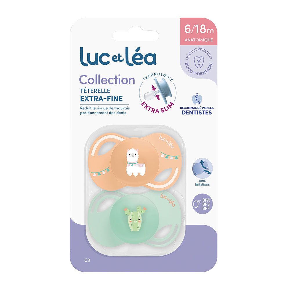 Deux sucettes anatomiques Luc et Léa, 6/18m, emballées. Motif lama et cactus. Extra-fine. Recommandé par les dentistes.