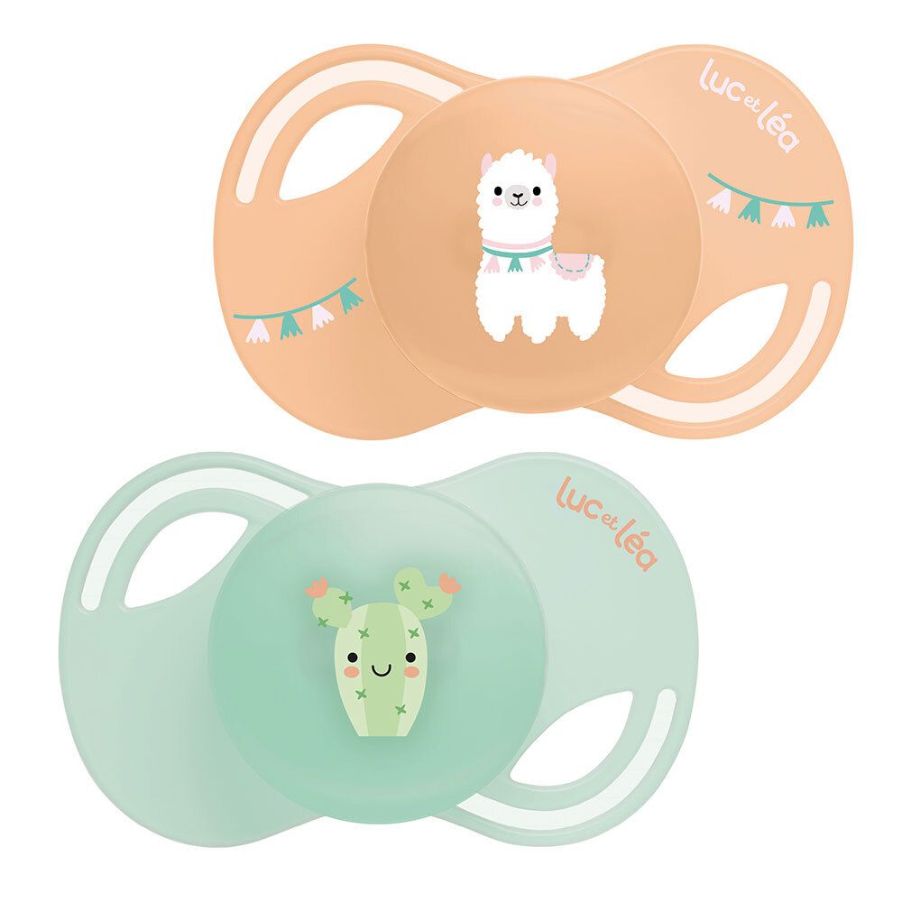 Deux sucettes anatomiques Luc et Léa. Motif lama et cactus. Extra-fine.