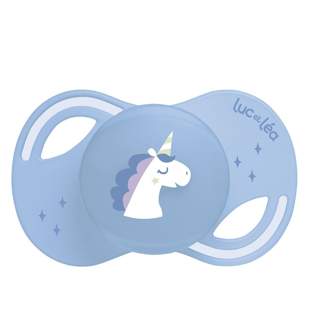 Sucette bleue Luc et Léa avec motif licorne. Forme anatomique. Étoiles décoratives.