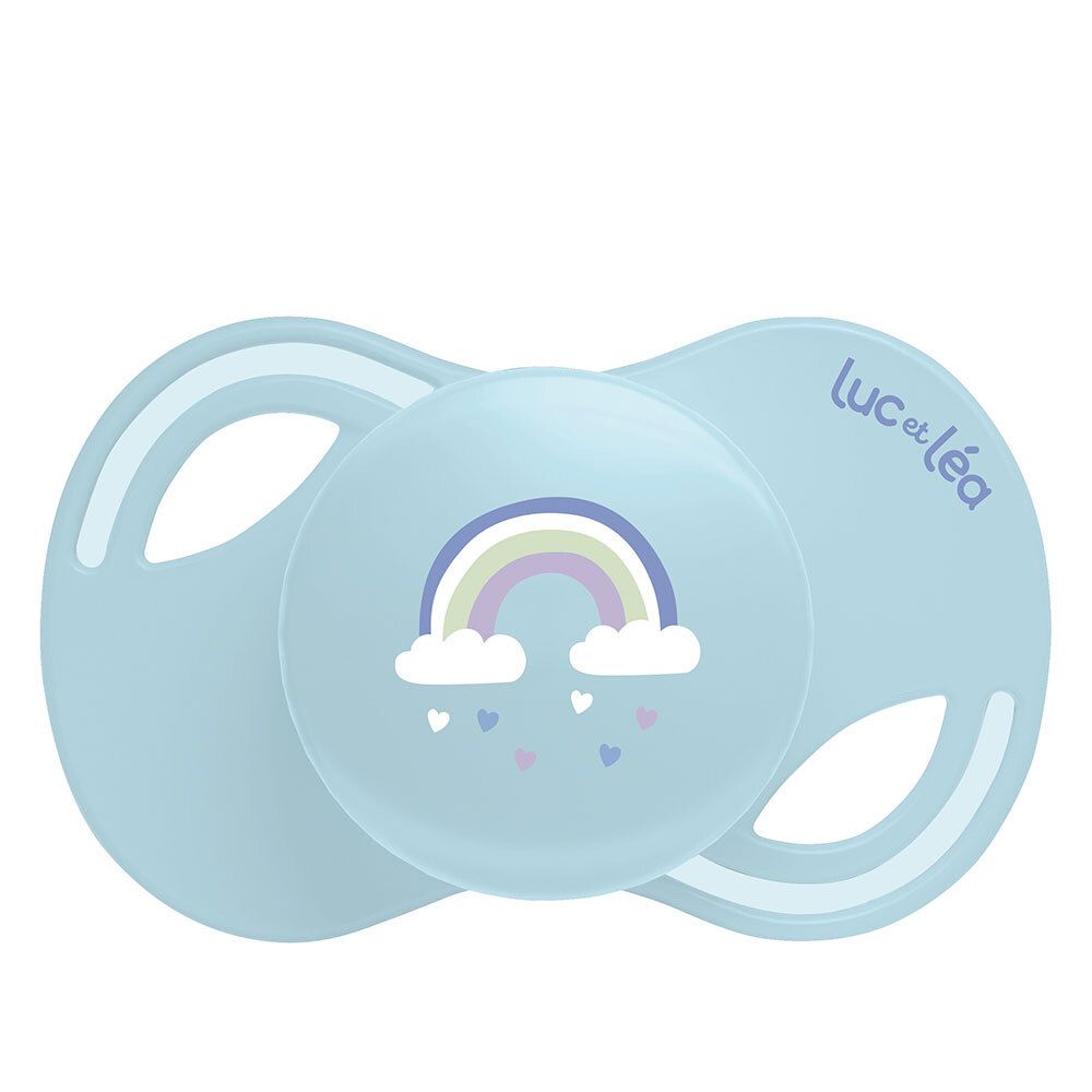 Sucette bleue Luc et Léa avec motif arc-en-ciel. Forme anatomique.