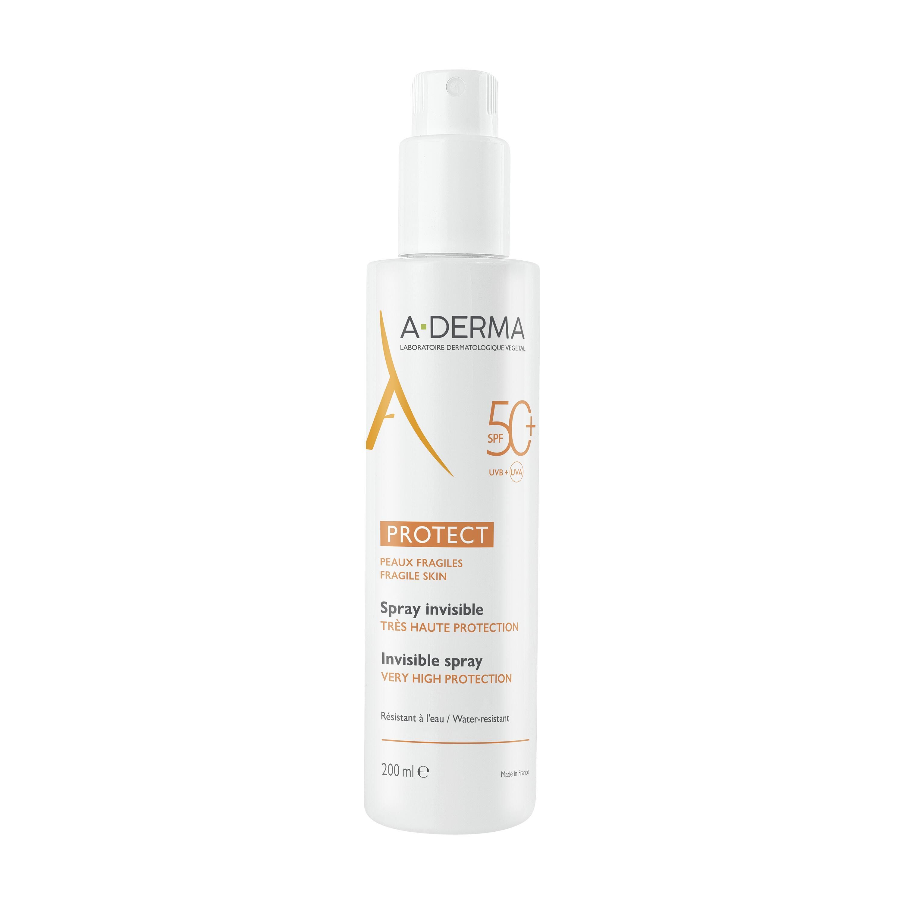 A-Derma Spray solaire invisible SPF50+. Flacon blanc avec vaporisateur. Inscription orange : PROTECT, Spray invisible. 200ml.