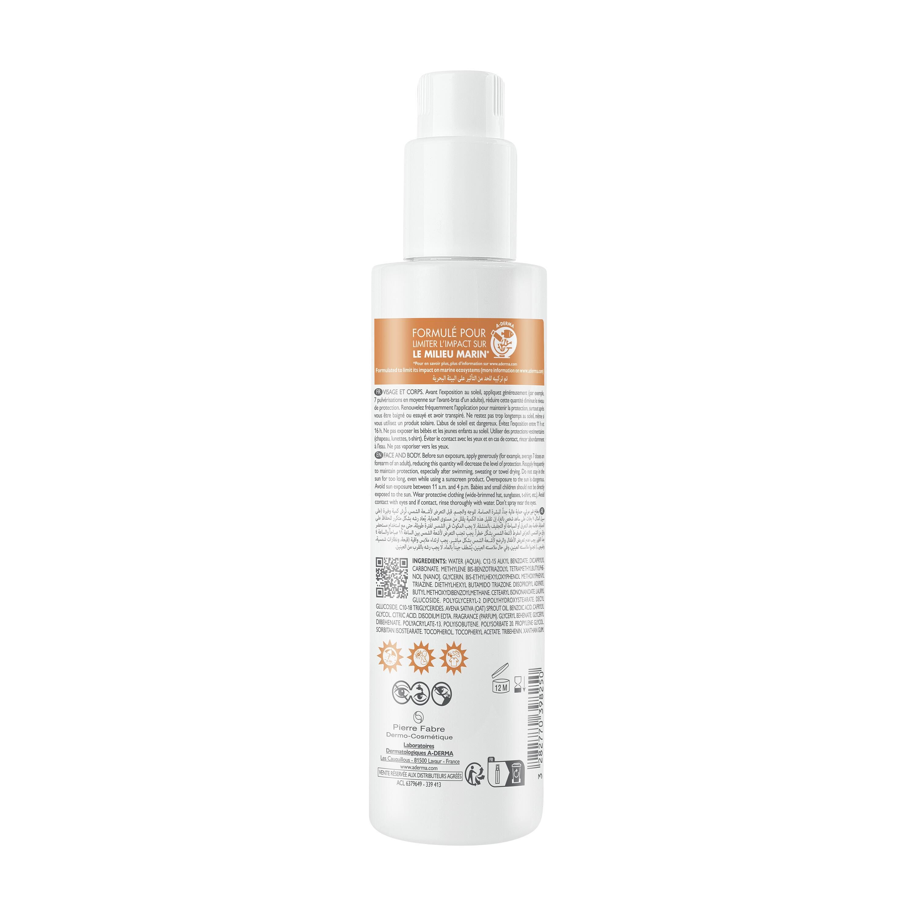Dos du flacon A-Derma Spray solaire invisible SPF50+. Texte multilingue. Autocollant orange avec texte.