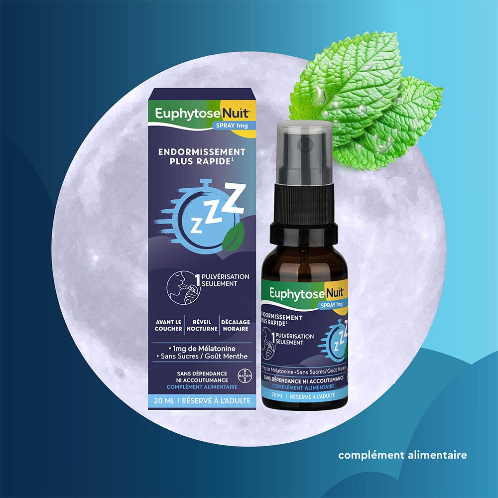 EuphytoseNuit Spray 1mg à côté de sa boîte, devant une lune et des feuilles de menthe. Mélatonine pour un endormissement rapide.