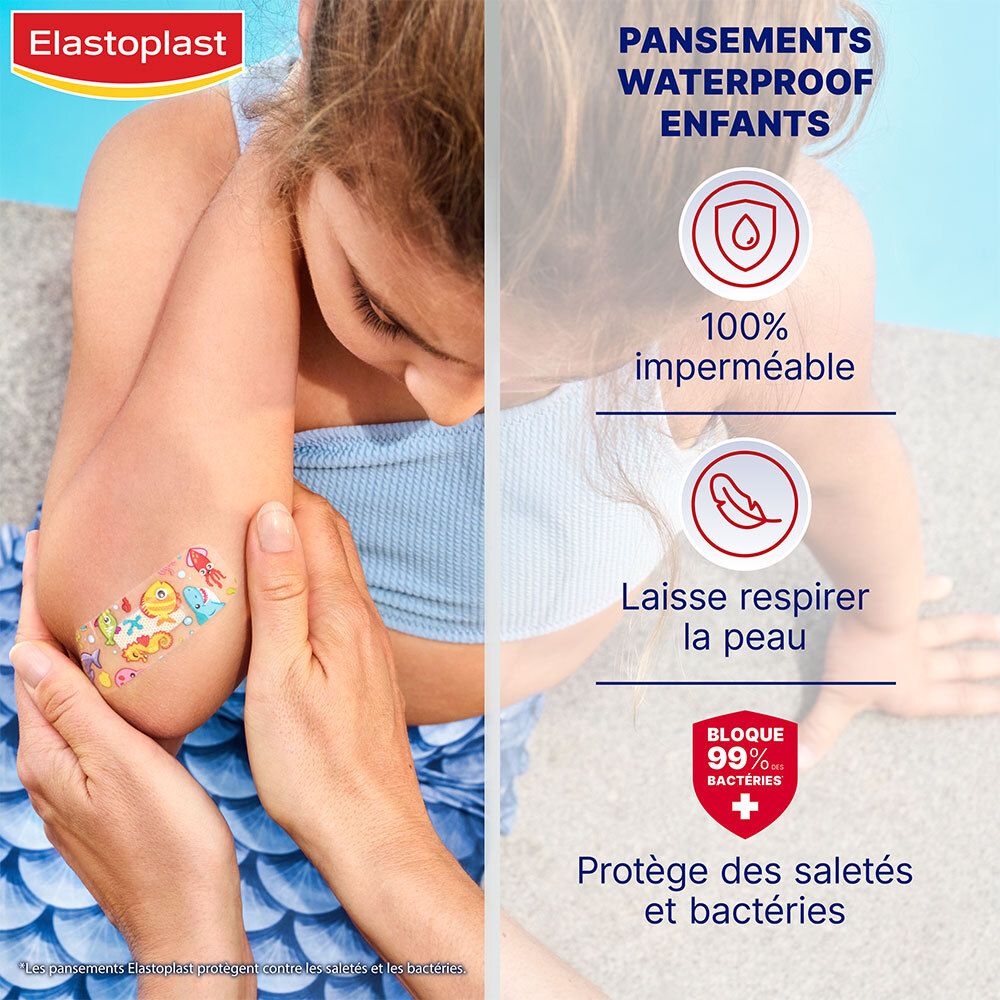Enfant avec pansement au coude. Texte : imperméable, laisse respirer la peau, bloque 99% des bactéries. Logo Elastoplast.