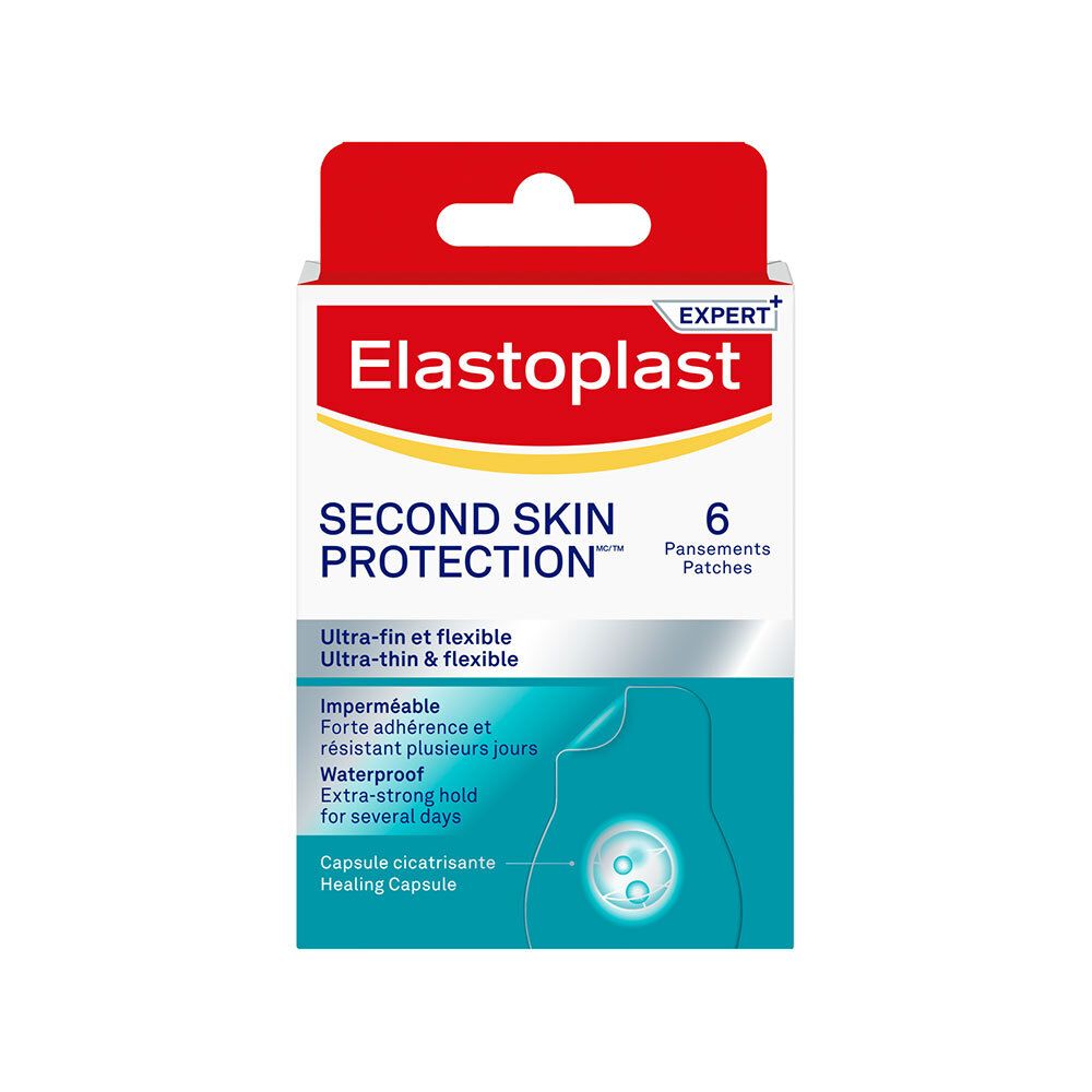 Boîte de 6 pansements. Marque: Elastoplast. Texte: Second Skin Protection, ultra-fin & flexible, imperméable.