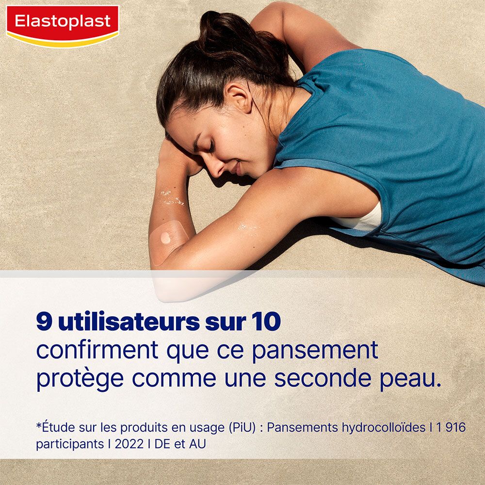 Femme avec un pansement au bras. Texte: 9 utilisateurs sur 10 confirment la protection comme une seconde peau.