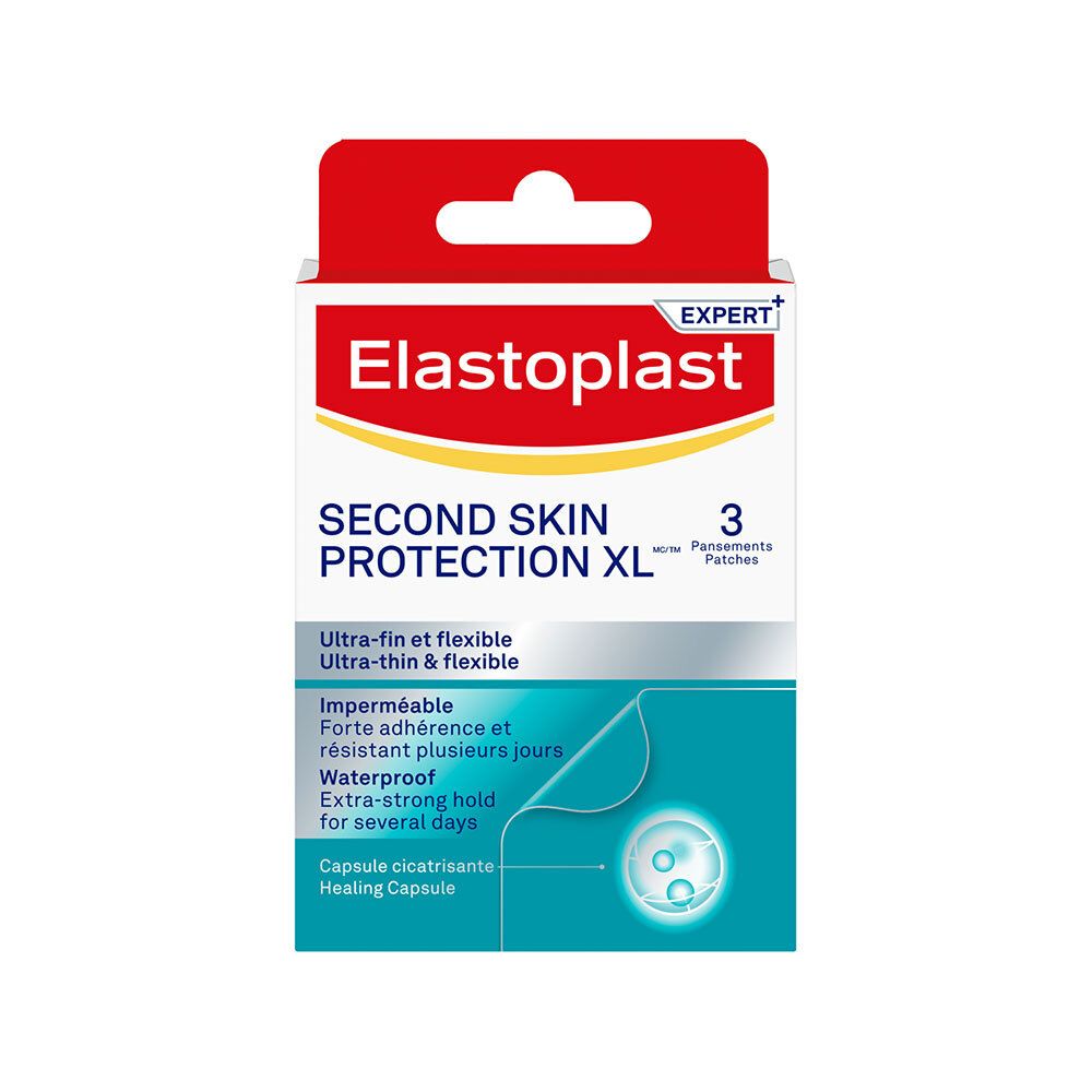 Boîte de pansements ELASTOPLAST Second Skin Protection XL, 3 pansements. Blanc, rouge et bleu. Texte: Ultra-fin & flexible, imperméable.