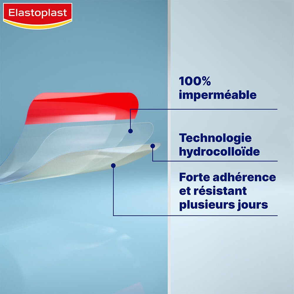 Représentation graphique. Texte: 100% imperméable, technologie hydrocolloïde, forte adhérence pendant plusieurs jours.