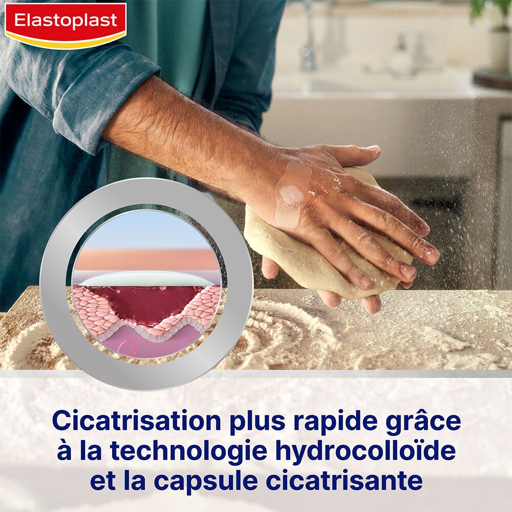 Personne avec un pansement sur la main. Texte: Cicatrisation plus rapide grâce à la technologie hydrocolloïde et à la capsule cicatrisante.