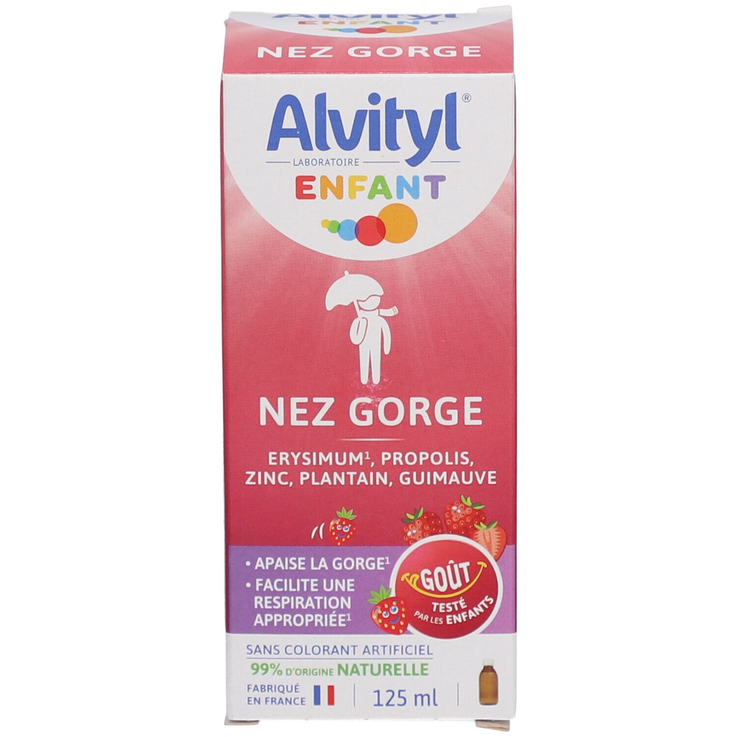Emballage du produit. Boîte avec nom du produit, logo et ingrédients. Inscriptions en français.