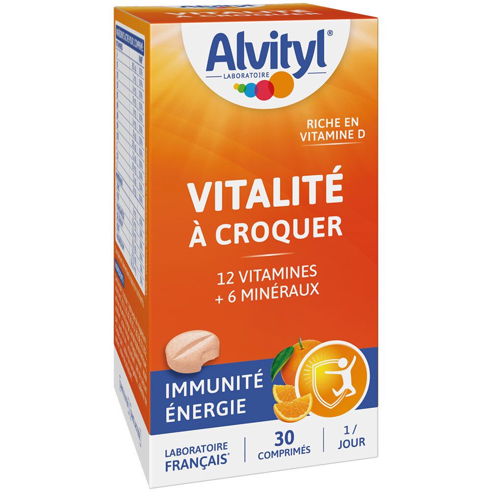 Boîte orange ALVITYL Vitalité à Croquer. Contient 12 vitamines + 6 minéraux. 30 comprimés.
