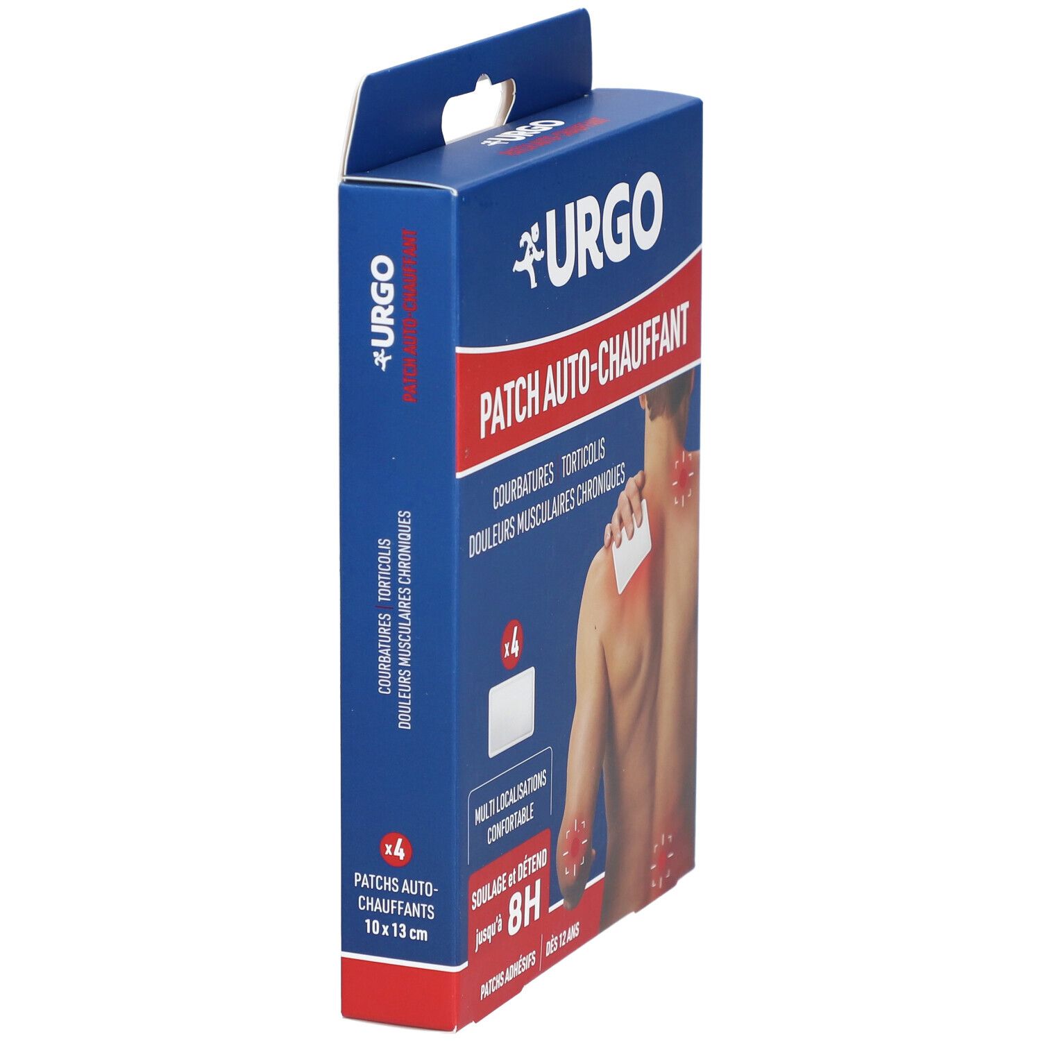 Boîte bleue URGO Patch auto-chauffant, vue latérale. Contient 4 patchs, dimensions 10x13 cm. Pour douleurs musculaires et chroniques.