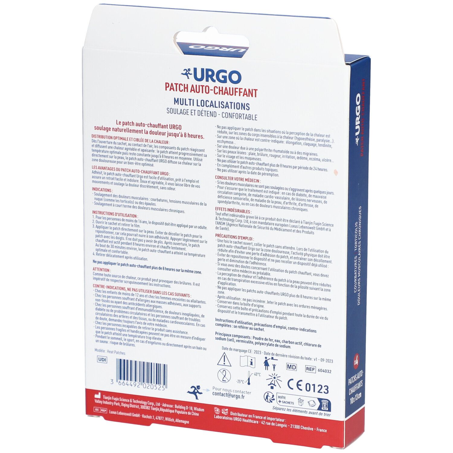 Dos de la boîte bleue. URGO Patch auto-chauffant. Texte multilingue. Informations d'utilisation et ingrédients.